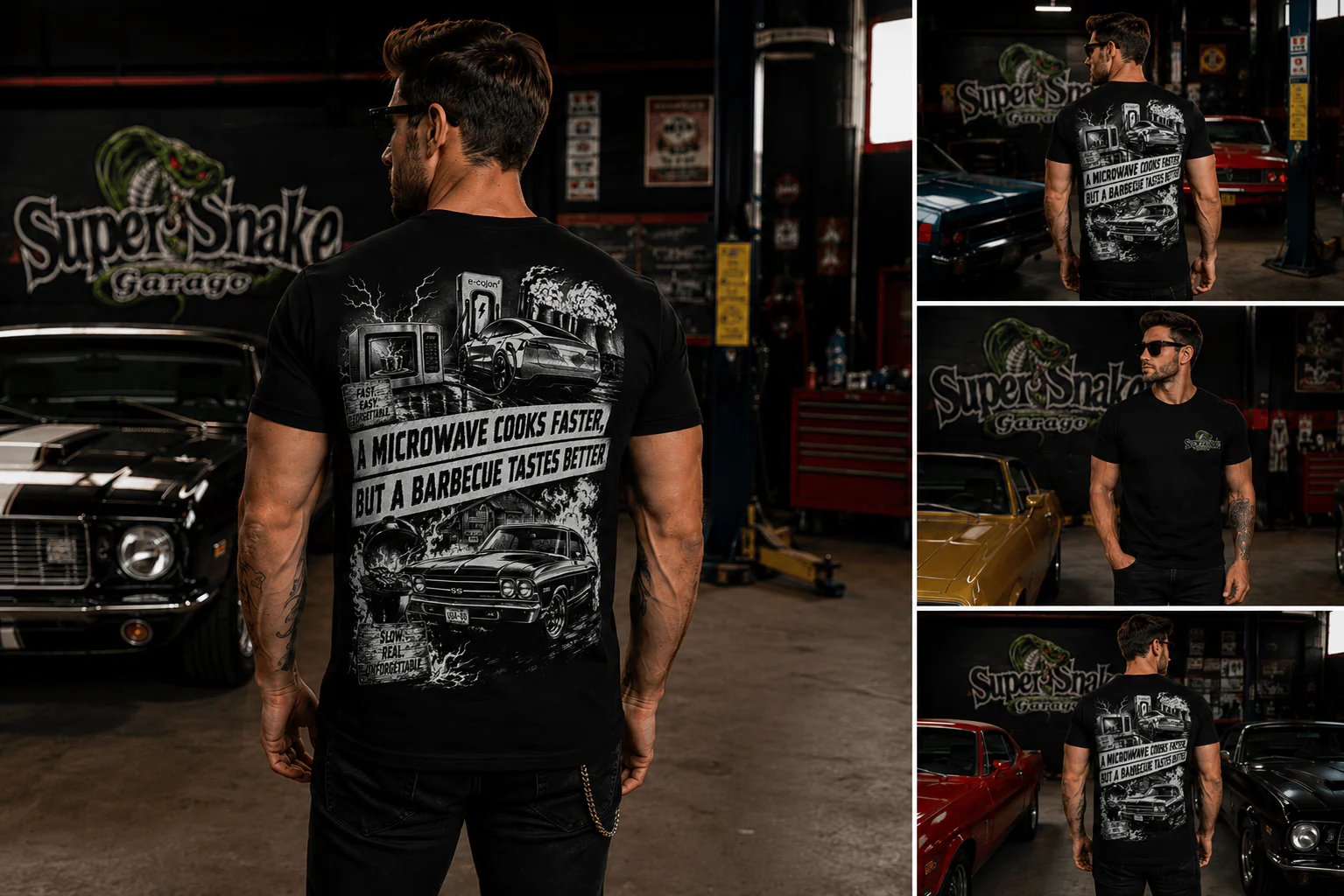 a microwave cooks faster, but a barbecue tastes better (titolo) T-shirt American Muscle nera Super Snake Garage Shop